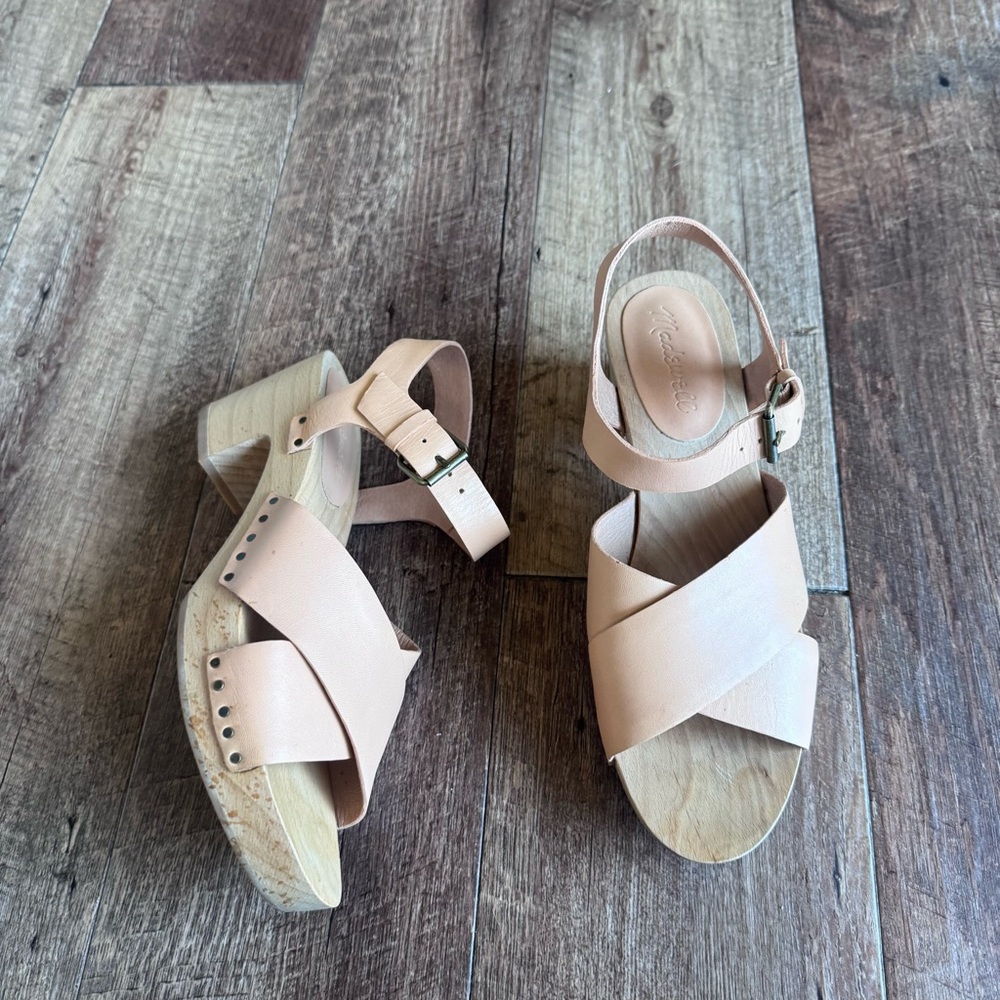 Madewell the Johanna Tan Leather wooden heel Women's Sandals size 8 - Picture 3 of 10